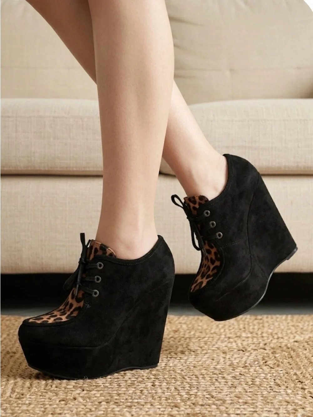 Stuart Weitzman Black Suede Platform Wedges with Leopard Accent